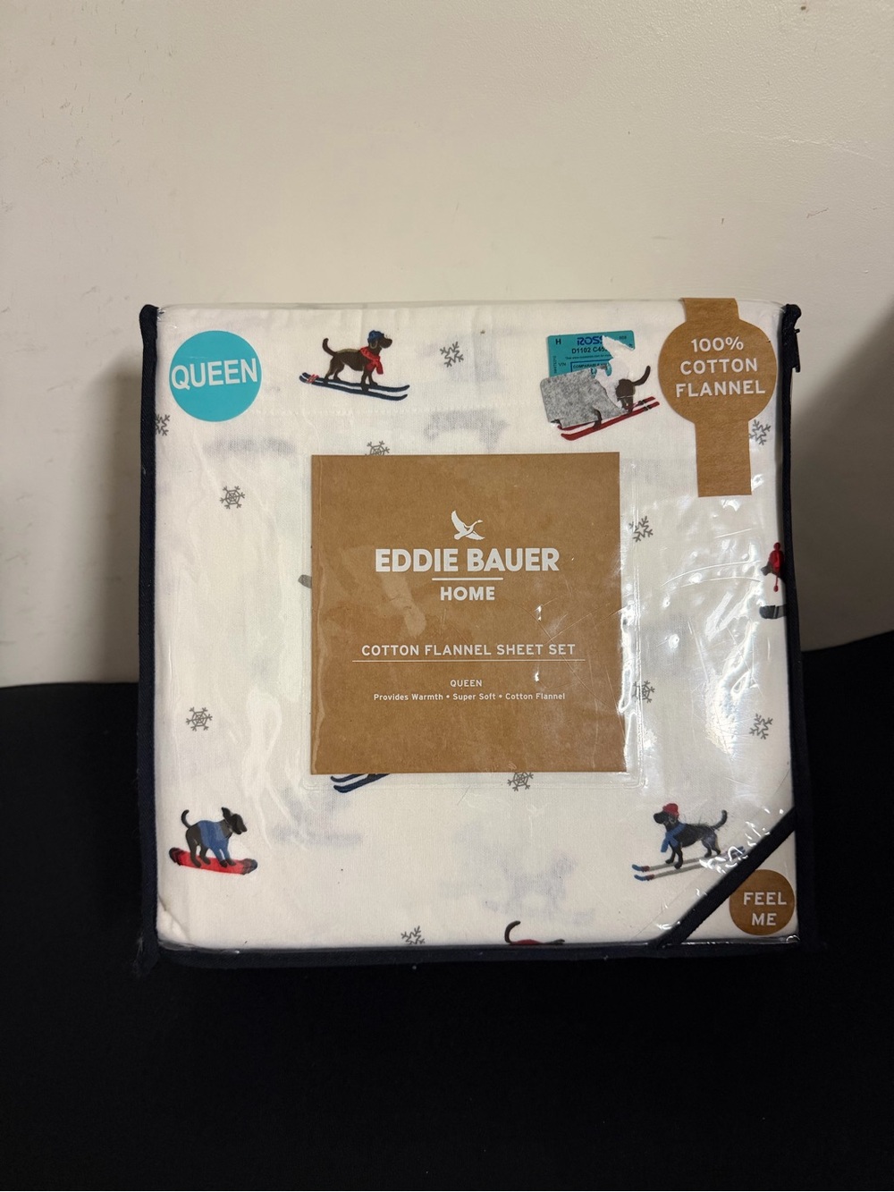 Eddie Bauer Queen Cotton Flannel Sheet Set - White with Ski Dog Print New